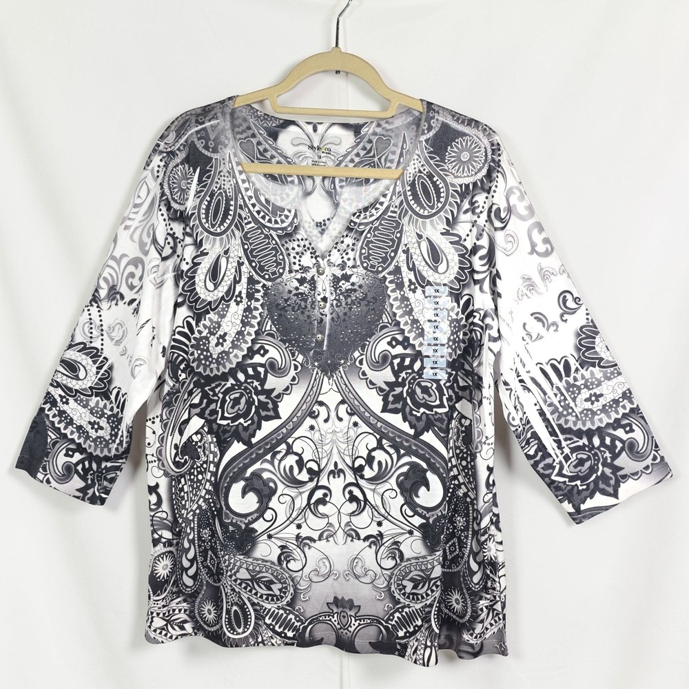 Style & Co Tunic Top Womens 1X Paisley Print V-Neck‎ 3/4 Sleeve Black White NEW